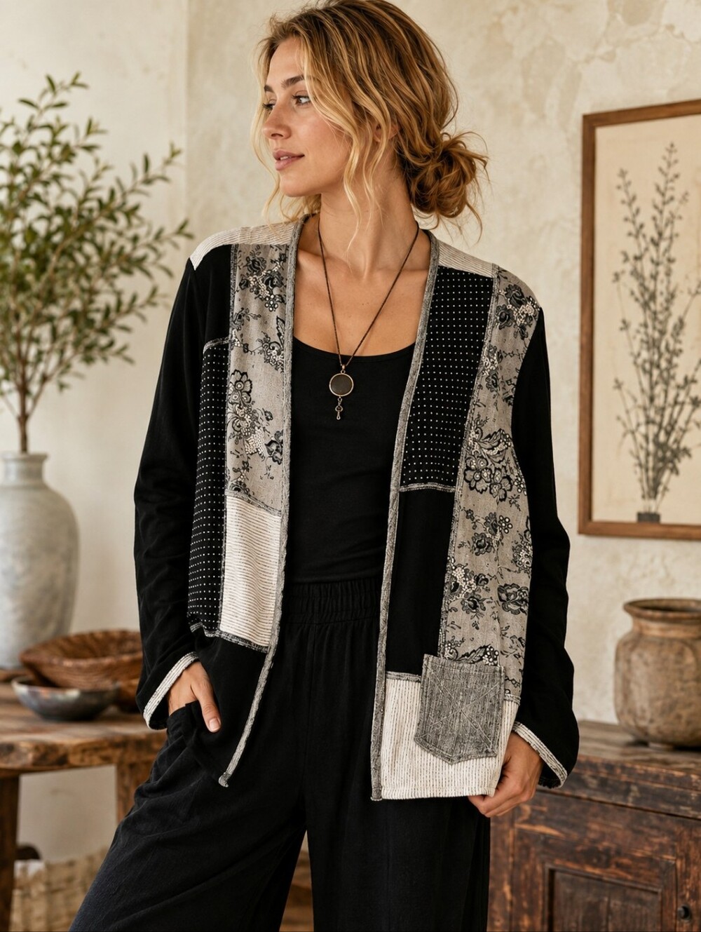 TOMMY N LOULOU Cardigan Womens Large Black Patchwork Lagenlook Artsy Mixed Print